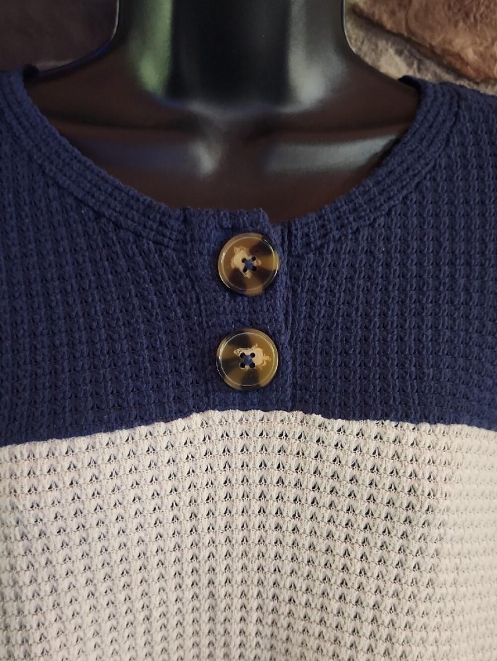 Waffle Knit Colorblock Button Front Pullover - Navy/Ivory/Rust - Picture 2 of 7